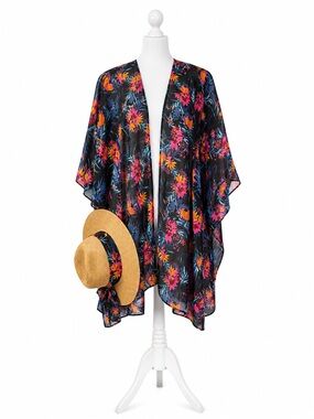 Resort Style Kimono/Cover up in Blue with Pink & Orange Flowers